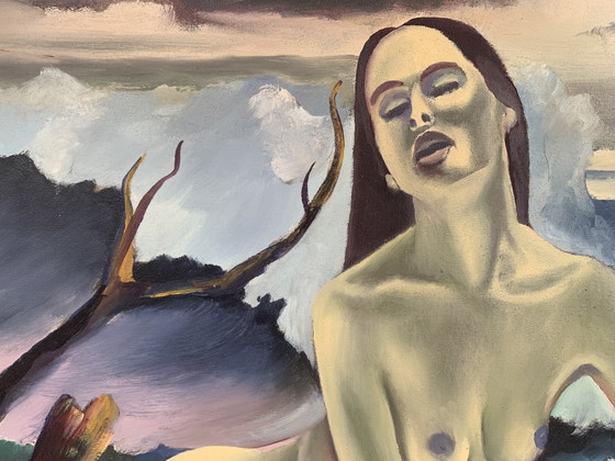 Image 1 of Large Vintage Canvas 60x100 - Artistic Nude Woman in the Waves - Oil Painting on Canvas 1980 with Autograph Dedication on the Ba