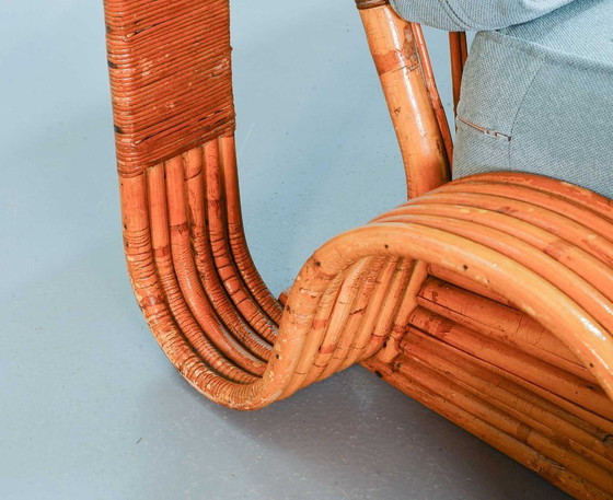 Image 1 of Fabulous Mid-Century Design Six Strand Rectangular Rattan 3-Seat Sofa with Frost Blue Fabric Cushions Attributed to Paul Frankl