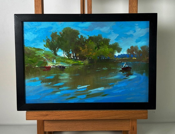 Image 1 of Peinture à l'huile originale, paysage naturel, collines d'été, bateaux sur la rivière