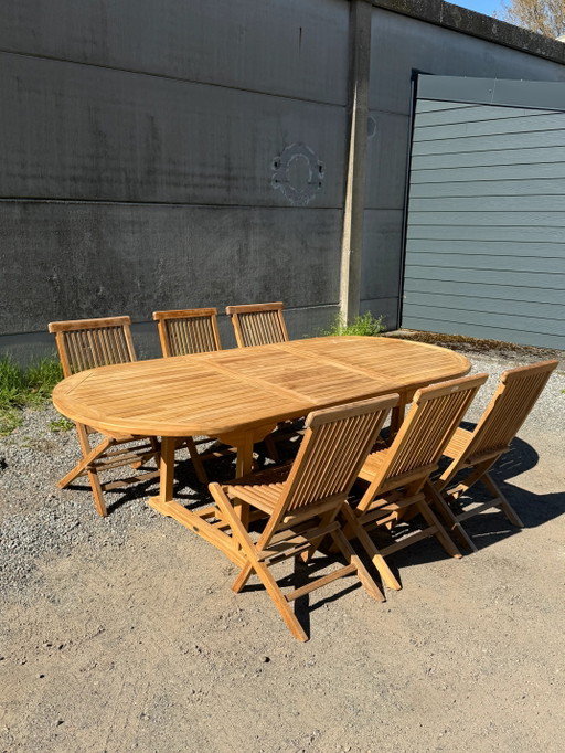 Mesa de jardín ovalada extensible de teca + 6 sillas plegables – Set promocional – tuinsets