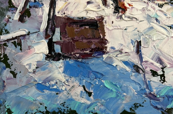 Image 1 of Original Oil Painting Winter Village Landscape The house sleeps in the snow