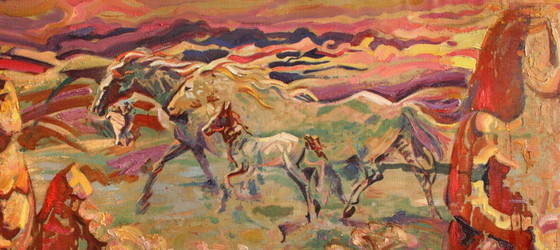 Origineel olieverfschilderij: Landschapssymboliek, Paarden in de steppe – Schilderijen & Tekeningen, Canvas (photo 3 of 5)