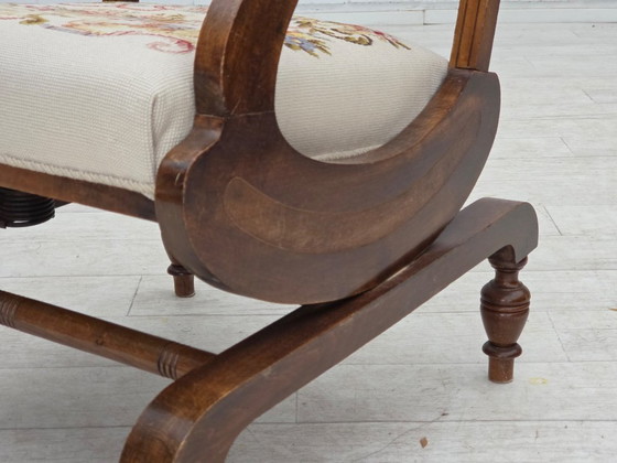 Image 1 of Dänischer Schaukelstuhl mit hoher Rückenlehne aus den 1930er Jahren, original handgewebte Wolle, Eschenholz.