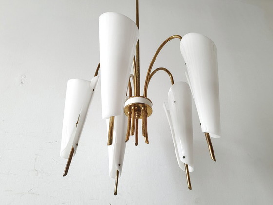 Image 1 of VINTAGE PENDANT CHANDELIER 1950 STILNOVO PERSPEX PLEXIGLAS BRASS 50S 1950S ITALY