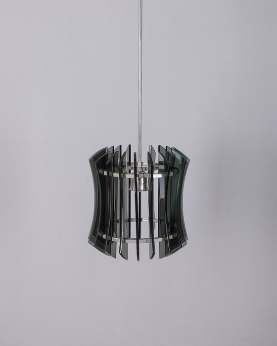Image 1 of Vintage 1960s metal and smoked glass chandelier, designed by Veca