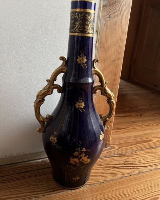 Vintage antieke keramische porseleinen aardewerken vaas in blauw en goud van Jaguet Pinon