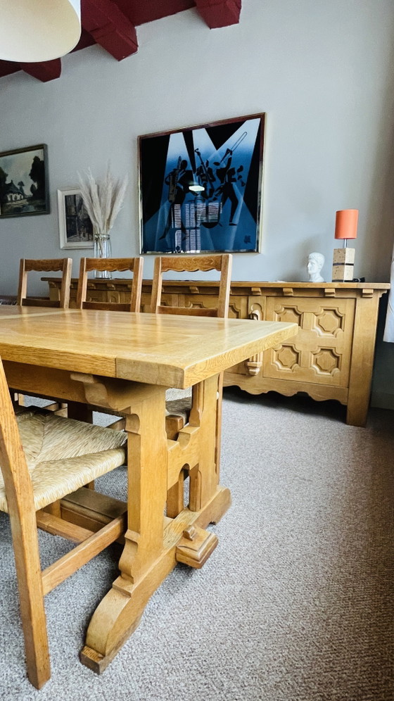 Brutalist Set, Solid Oak Sideboard, Cabinet, Dining Table, 6 Chairs, Hand Carved Priest Mission Style (photo 15 of 15)