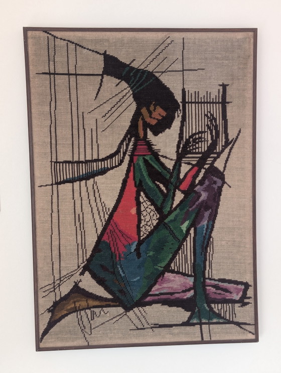 Vintage embroidered wall hanging “The Harp Player” 1970s – 1980s x 57 cm – Paintings & Drawings, Wood (photo 5 of 5)