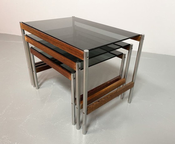 Image 1 of Fristho Mid-Century Dutch Design Nesting Tables with Smokey Glass Top and Wenge with Chrome Base, Set of 3, 1960s.