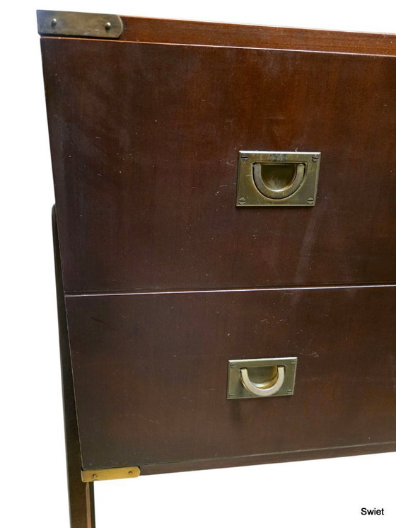 Image 1 of 2294 Vintage wooden cabinet with brass details and wheels