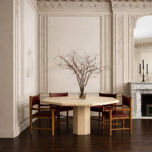Table de salle à manger octogonale en travertin, design italien, style milieu du siècle