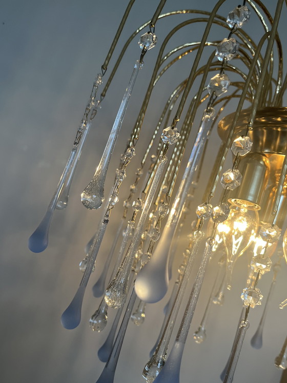 Image 1 of Vintage Blauwe Teardrop Kroonluchter Hanglamp Goud Frame