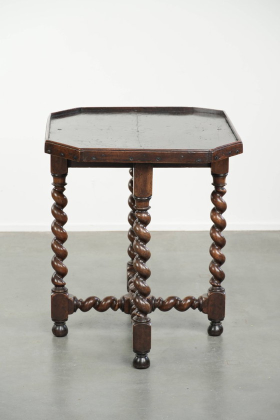 Image 1 of Very special antique English walnut side/center table with beautiful turned legs and an octagonal top from ca. 1680.
