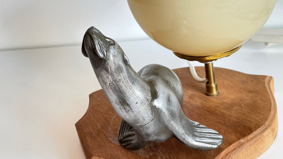 Image 1 of Art Deco Sea Lion Lamp Metal and Blown Glass France