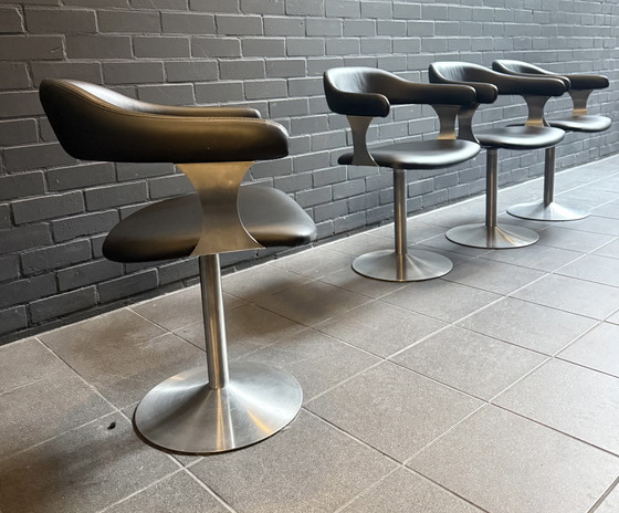 Image 1 of Set of 4 Vintage Space Age Swivel Chairs in Black and Brushed Stainless Steel