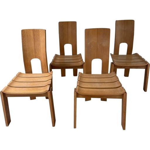 Set of 4 Scandinavian vintage chairs in solid elm, 1970s