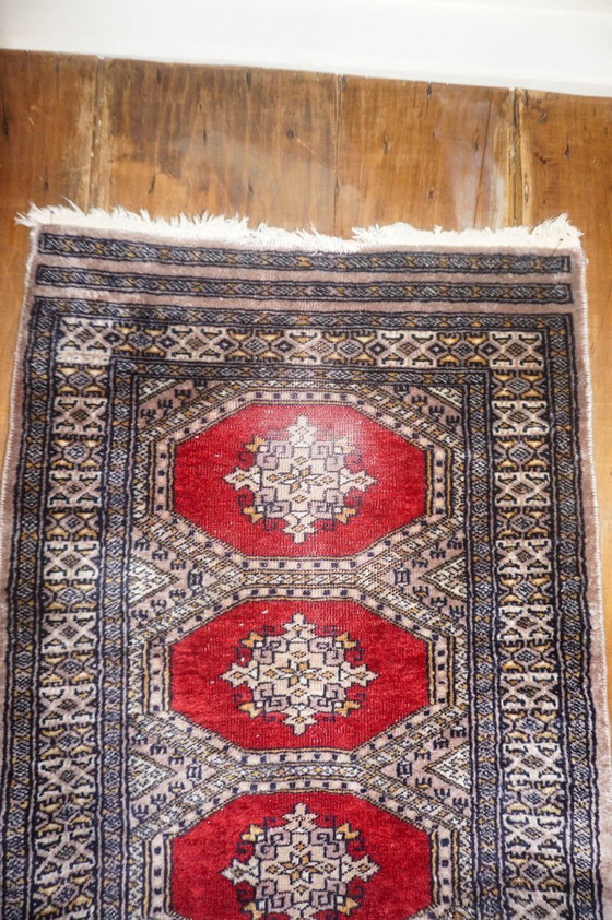 Image 1 of vintage bokhara runner rug * pakistani wool hallway carpet * purple tone and red oriental tribal rug 