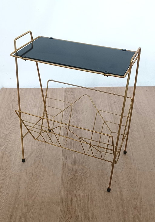 Fifties side table with magazine rack and glass top