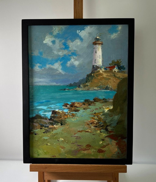 Original Oil Painting Seascape Coast with a Lighthouse – schilderijen tekeningen, Mdf (photo 2 of 9)