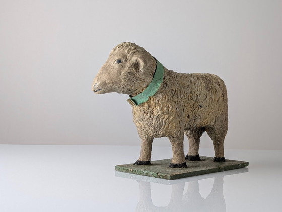 Image 1 of Pair of Large Stucco Sheep Sculptures, Early 20th Century, Farm Animals