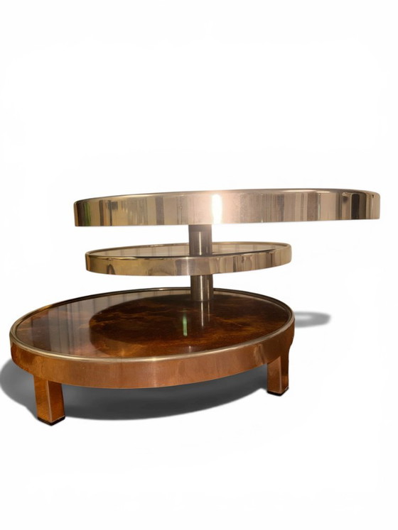 Image 1 of Draaibare salontafel met 3 planken van iepenhout met wortelknol - Maria Pergay