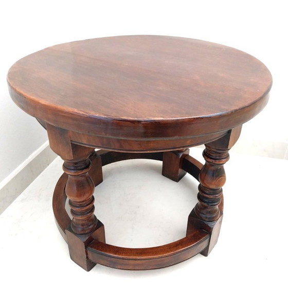 Image 1 of Rare Vintage Italian Solid Wood Round Table - Hand-Turned Legs | 1930s-1940s Artisanal Masterpiece