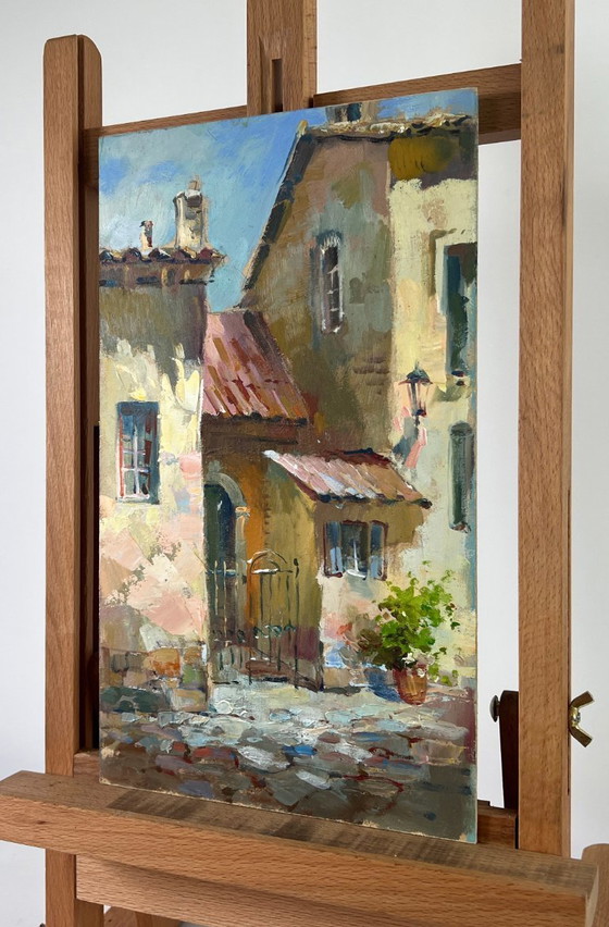 Image 1 of Peinture à l'huile originale - Paysage de rue urbaine - Chemin vers la maison par la ruelle
