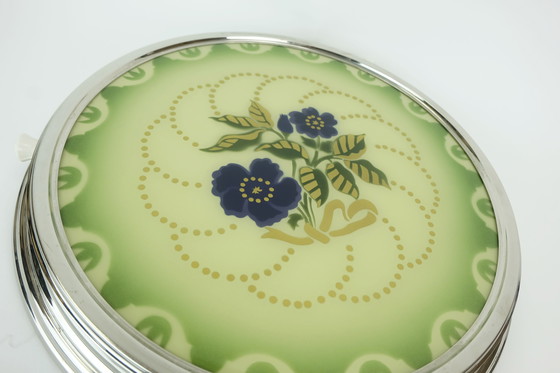 Image 1 of 1930er drehbare Tortenplatte Glas-Chrom-Tortenplatte mit Blumendekor