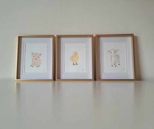 Set of 3 watercolor paintings of baby animals | Includes frames
