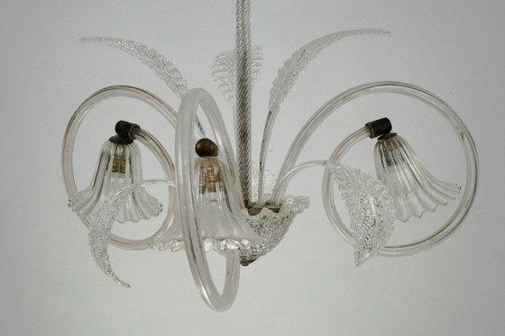 Image 1 of Art Deco Murano Glass Three-Arm Chandelier, Italy, 1940s