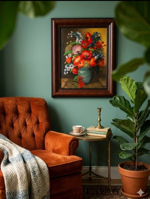 Nature morte florale : Bouquet champêtre (Coquelicots et Azurés) - Huile sur toile signée Emy 1980