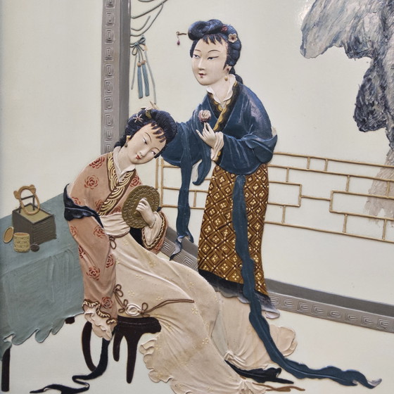 Vintage Chinees Dubbelzijdig Kamerscherm Dames In Landschap / Oosters / Aziatisch / Bohemian Paravent (photo 11 of 15)