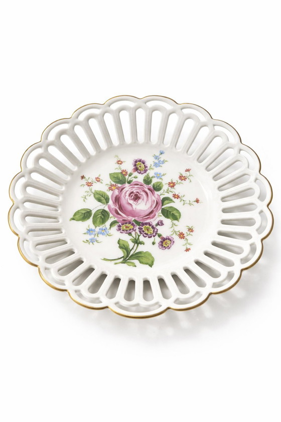 Image 1 of Vintage Lichte Porzellan Pierced Plate – Pink Rose Reticulated China – Made in GDR East Germany – Romantic Home Decor