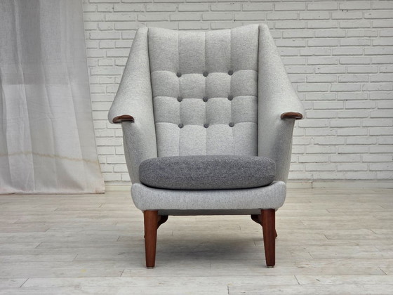 Image 1 of 1970er Jahre, dänischer Sessel mit hoher Rückenlehne und Hocker, Wolle, Teakholz.