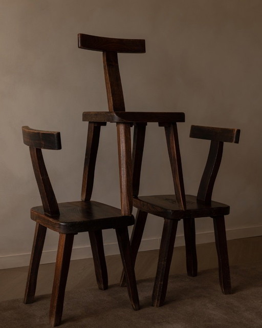 Set of 3 Vintage “T” Dining Chairs by Aranjou, France (c.1960s) – Stained Elm, Brutalist Sculptural