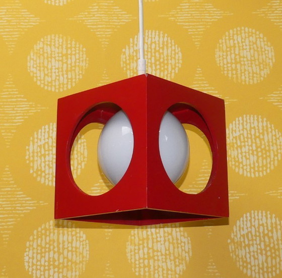 Image 1 of 70s hanglamp kubus blauw hout opaal glazen bol "Richard Essig" vintage retro