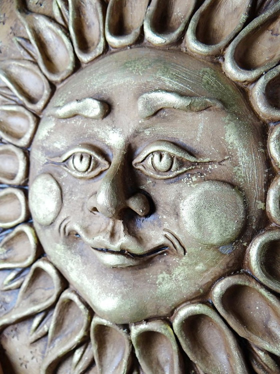Image 1 of Grande scultura murale antropomorfa a forma di sole in terracotta patinata, artigianato italiano vintage