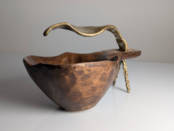 Image 1 of David Marshall, skulpturale Obstschale aus Bronze und Holz, Tischdekoration, 1970er Jahre