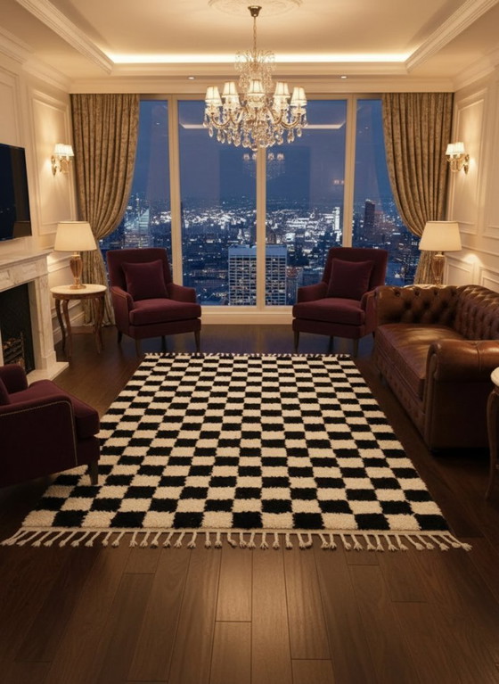 Image 1 of Berber Rug Black and White Checkerboard – Natural Wool Handwoven Contrast (250×145 cm)