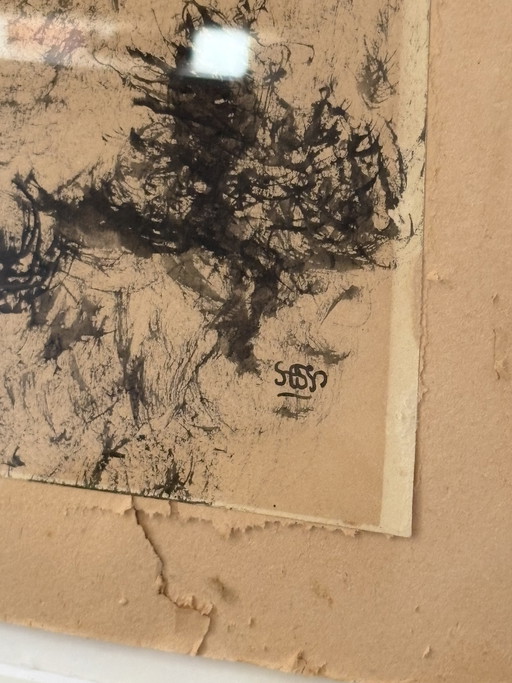 Vintage ink drawing on handmade paper signed h72cm