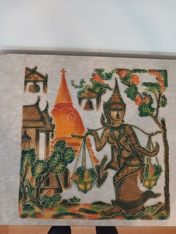 Old large polychrome Thai temple art rubbing on mulberry paper, Art Prints, Wood, Multi Color (photo 2 of 15)