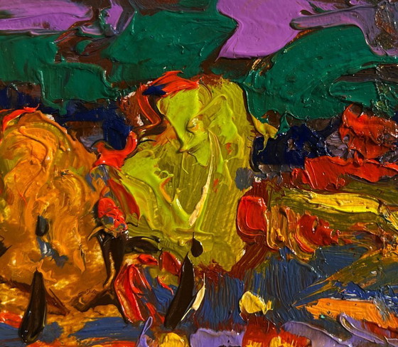 Image 1 of Original Oil Painting Evening Nature Landscape In the autumn forest