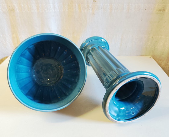 Kolom en wasbak in art-decostijl van blauw geglazuurd keramiek - midden 20e eeuw – Plantenbak, Ceramic (photo 7 of 10)