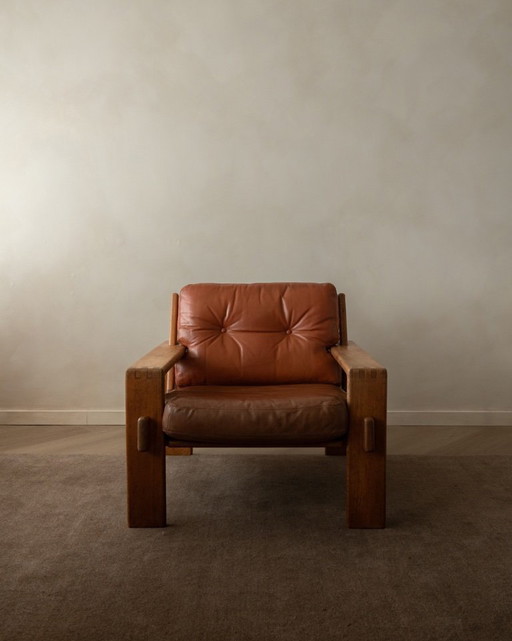 Poltrona lounge vintage Bonanza di Esko Pajamies per Asko, in rovere finlandese e pelle color cognac, anni '60.