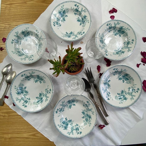 Set of 6 antique Sarreguemines ironstone soup plates, Elvire pattern, green and blue