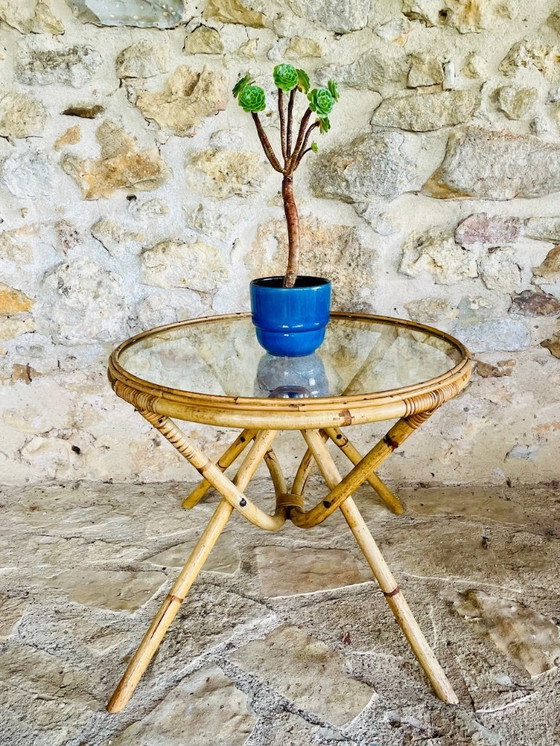 Image 1 of Tavolino vintage in rattan e bambù con piano in vetro, anni '60