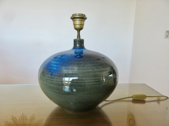 Image 1 of Impressive lamp in iridescent blue ceramic with green gradients, France, circa 1960