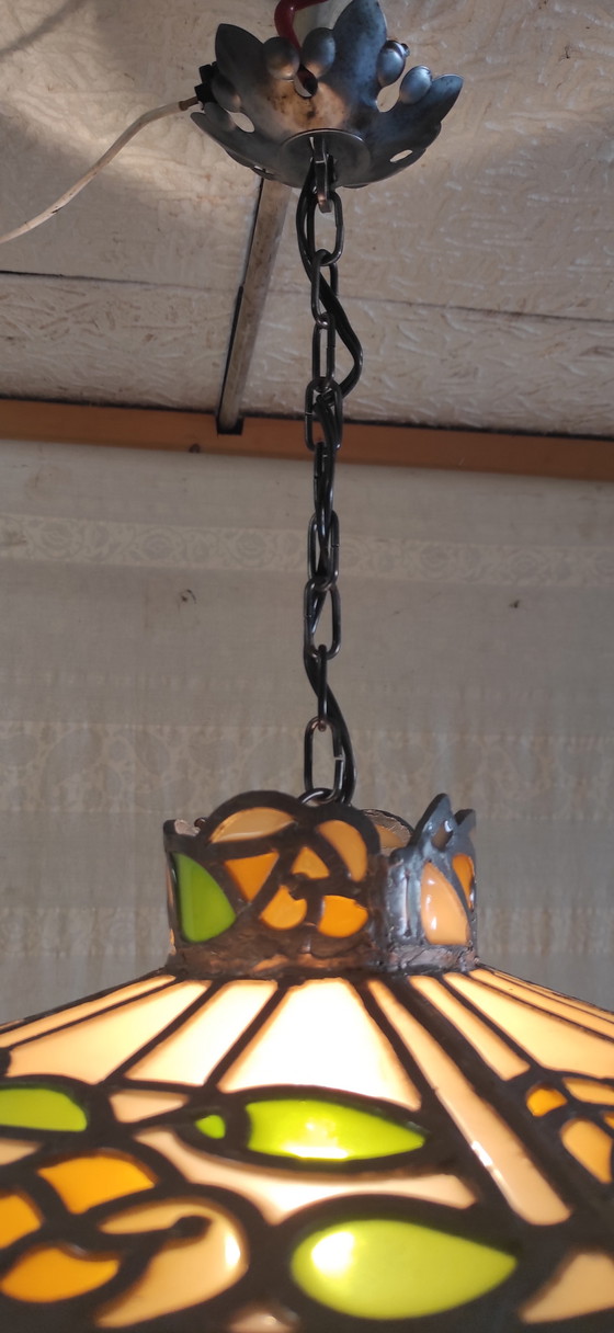 Image 1 of Hanglamp van glas en lood in Tiffany-stijl - midden 20e eeuw