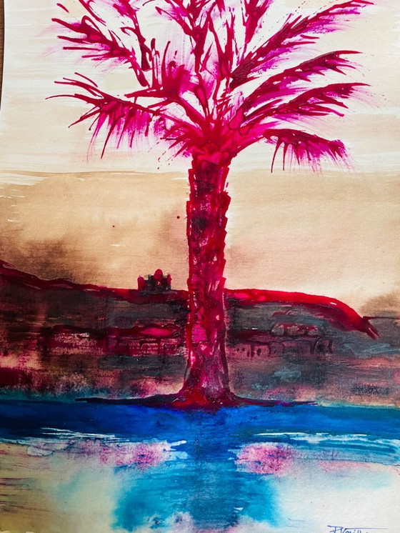 Image 1 of Acuarela firmada de un paisaje egipcio "Crepúsculo en el Nilo"