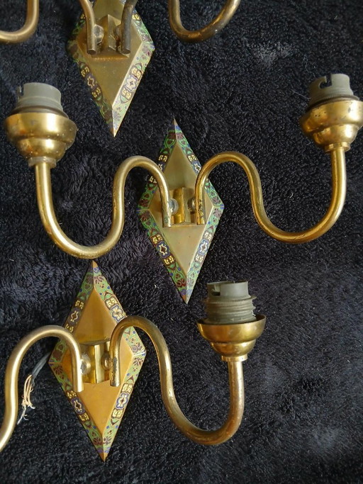 3 Art Deco cloisonné enamel wall sconces